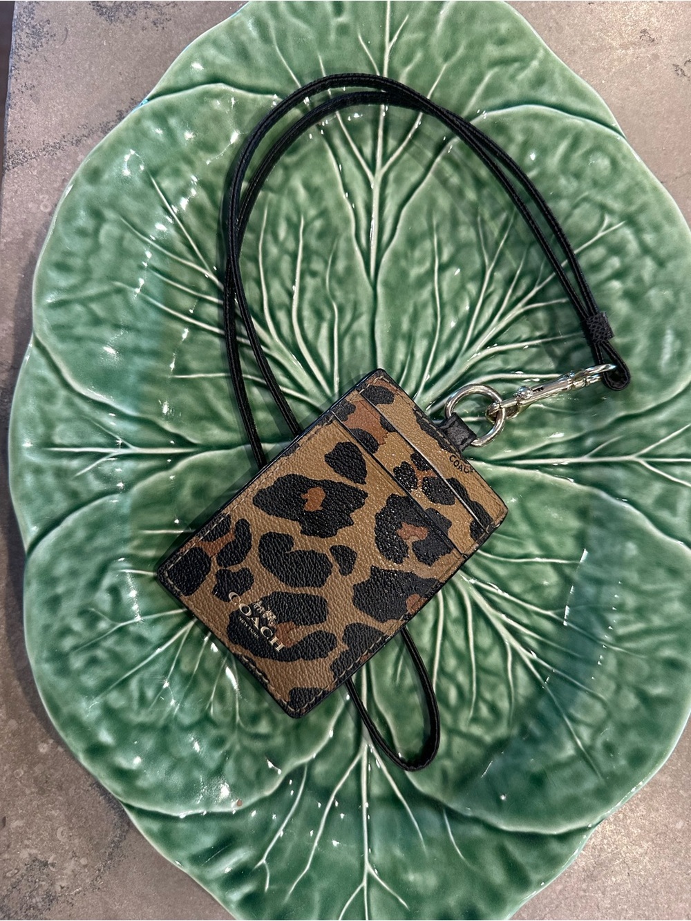 Coach Brown and Black Leopard Card Holder Lanyard